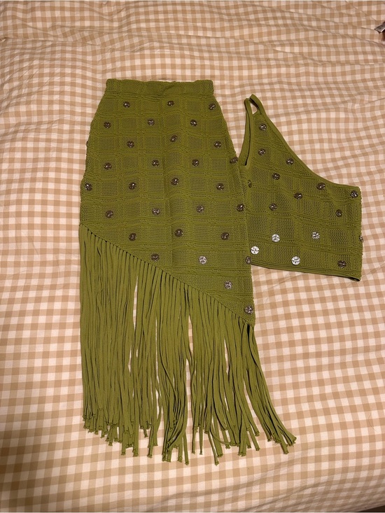 Source Unknown Dresses & Skirts - Source Unknown Olive Green Asymmetrical Crochet Fringe Dress Set